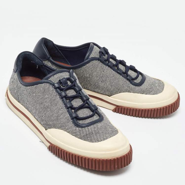 Pre Owned Loro Piana Cream/Navy Blue Canvas and Leather Low Top Sneakers Size 39