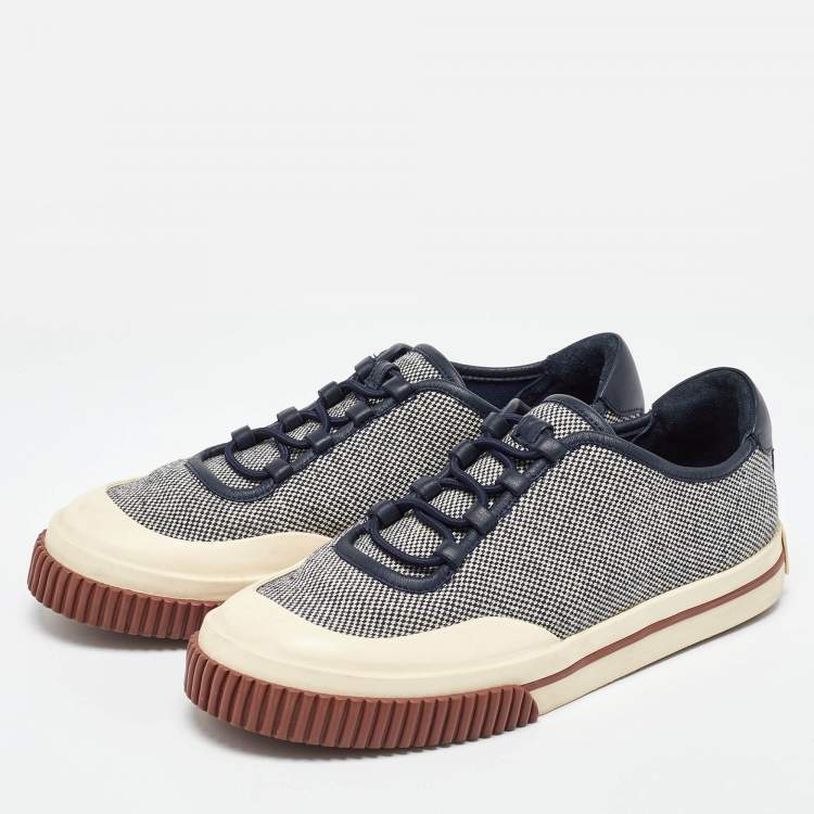 Pre Owned Loro Piana Cream/Navy Blue Canvas and Leather Low Top Sneakers Size 39