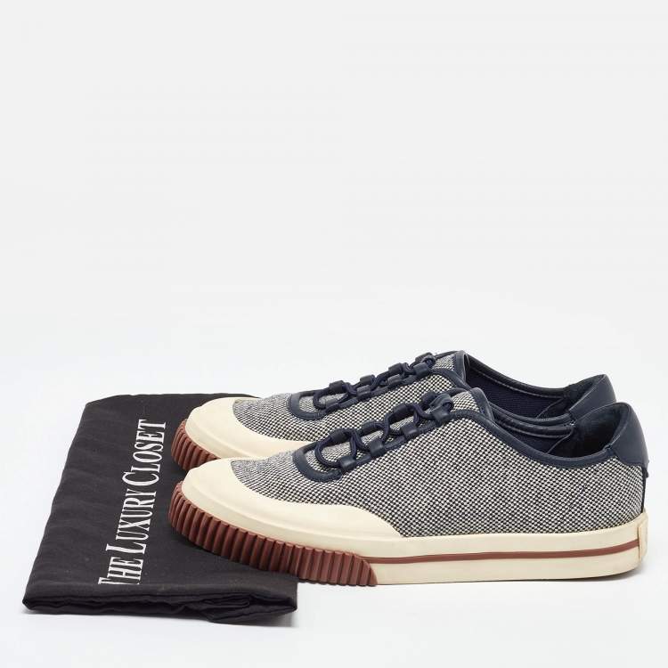 Pre Owned Loro Piana Cream/Navy Blue Canvas and Leather Low Top Sneakers Size 39