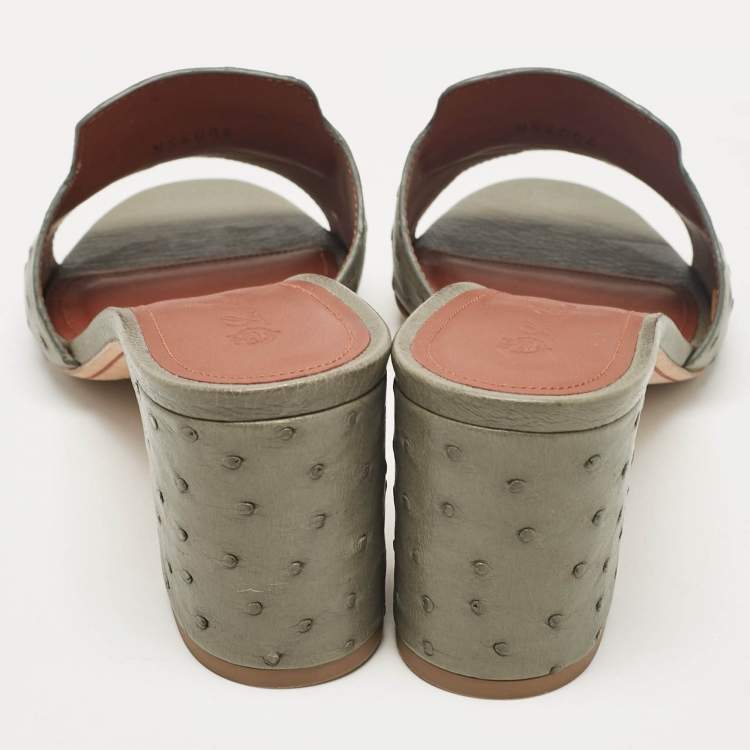 Pre Owned Loro Piana Grey Ostrich Leather Summer Charms Slide Sandals Size 40