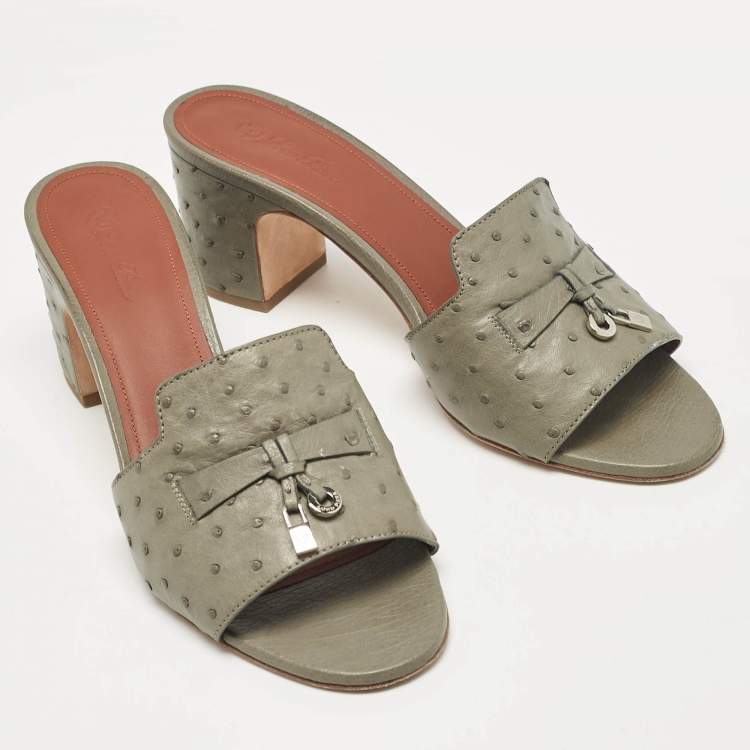 Pre Owned Loro Piana Grey Ostrich Leather Summer Charms Slide Sandals Size 40