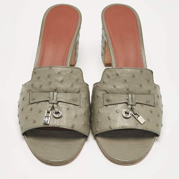 Pre Owned Loro Piana Grey Ostrich Leather Summer Charms Slide Sandals Size 40