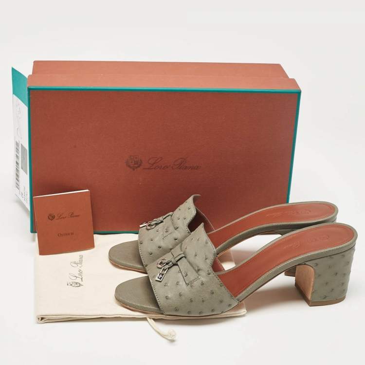 Pre Owned Loro Piana Grey Ostrich Leather Summer Charms Slide Sandals Size 40