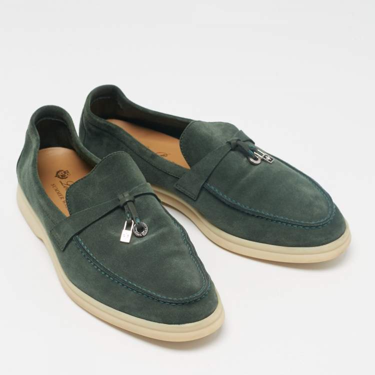Pre Owned Loro Piana Green Suede Summer Charms Walk Loafers Size 38.5