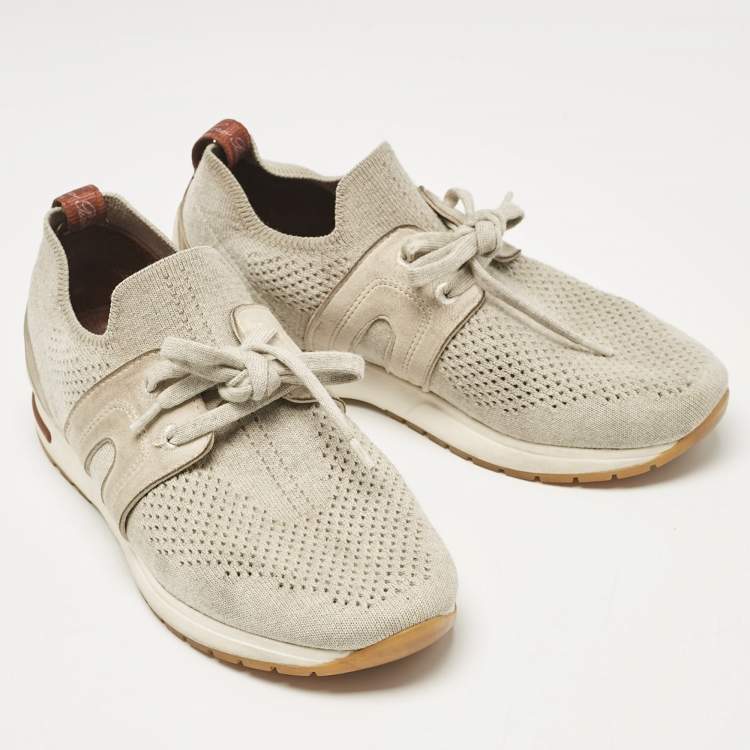 Pre Owned Loro Piana Grey Fabric 360 LP Flexy Walk Lace Up Sneakers Size 35