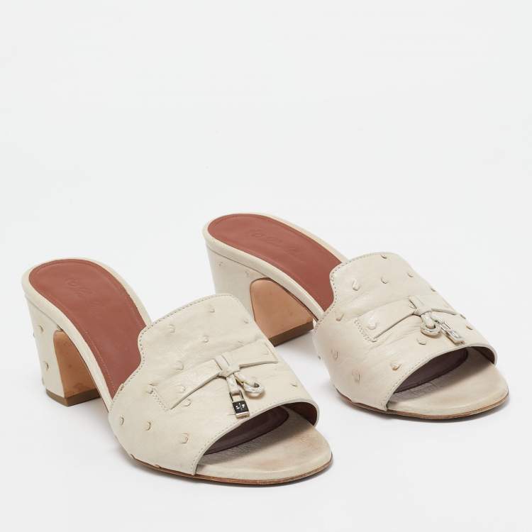 Pre Owned Loro Piana Cream Ostrich Leather Summer Charms Slide Sandals Size  39