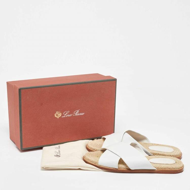 Pre Owned Loro Piana White Leather Cross Strap Espadrille Flats Size 40