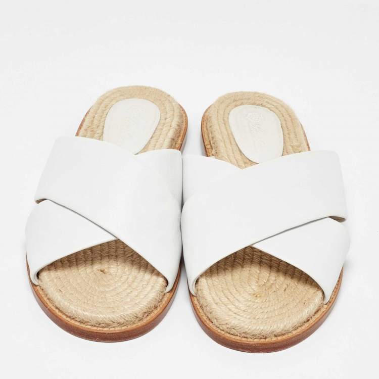 Pre Owned Loro Piana White Leather Cross Strap Espadrille Flats Size 40