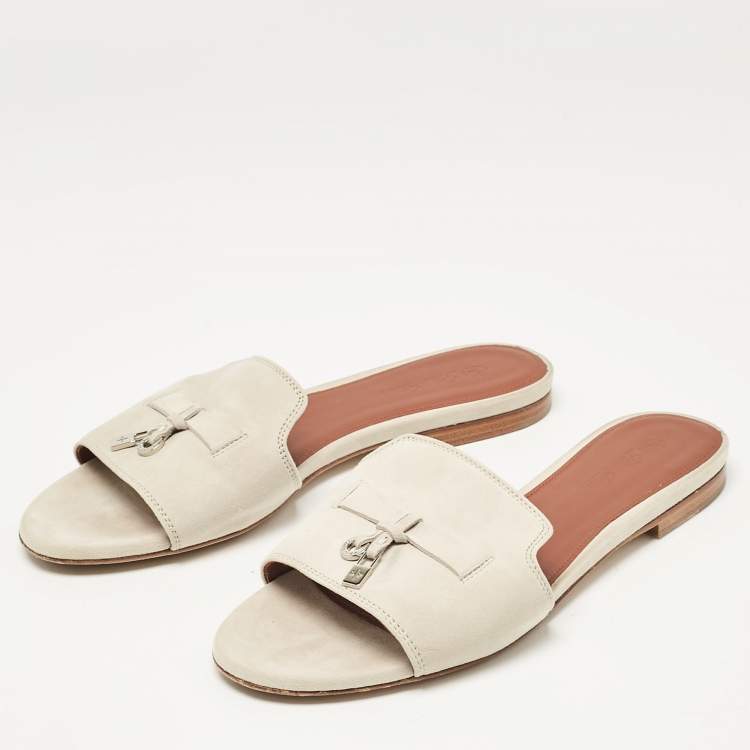 Pre Owned Loro Piana Grey Suede Summer Charms Mules Size 37