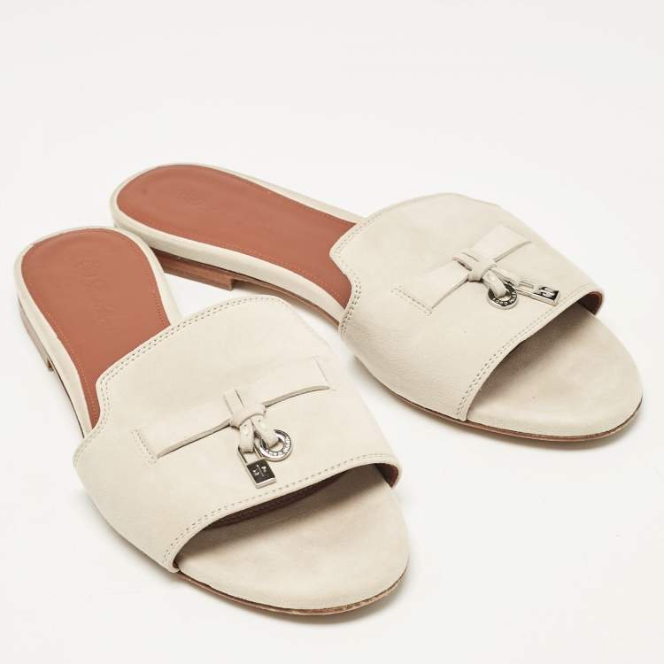 Pre Owned Loro Piana Grey Suede Summer Charms Mules Size 37