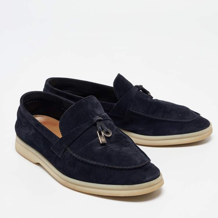 Pre Owned Loro Piana Navy Blue Nubuck Leather Summer Charms Walk Loafers Size 36