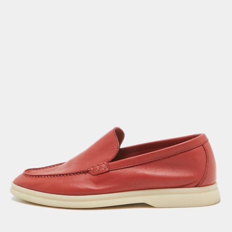 Pre Owned Loro Piana Red Leather Summer Walk Loafers Size 35