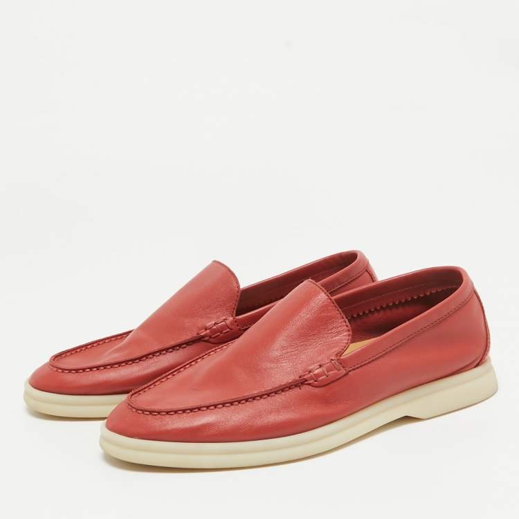 Pre Owned Loro Piana Red Leather Summer Walk Loafers Size 35