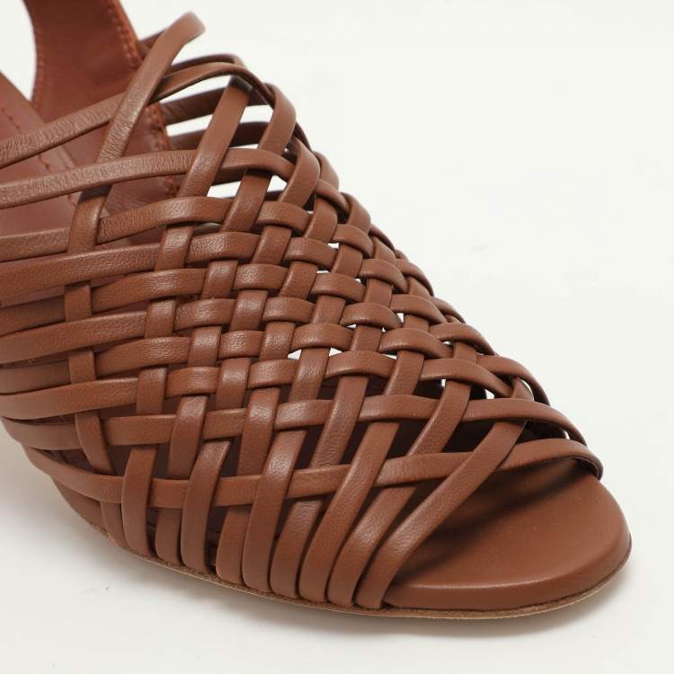Pre Owned Loro Piana Brown Woven Leather Di Agnello Ankle Strap Sandals Size 37