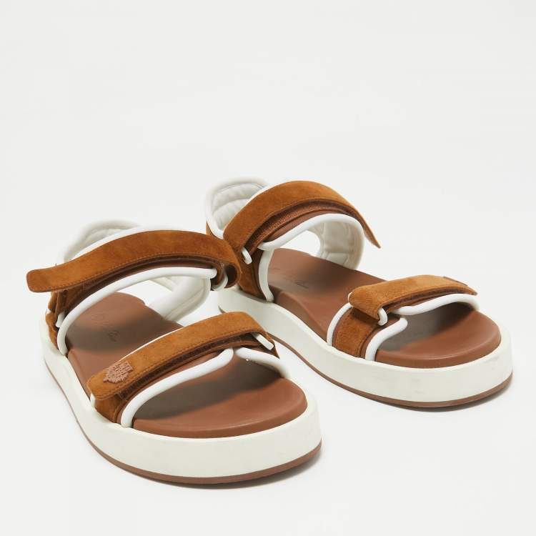 Pre Owned Loro Piana Brown Fabric and Suede Waikiki Flat Sandals Size 40