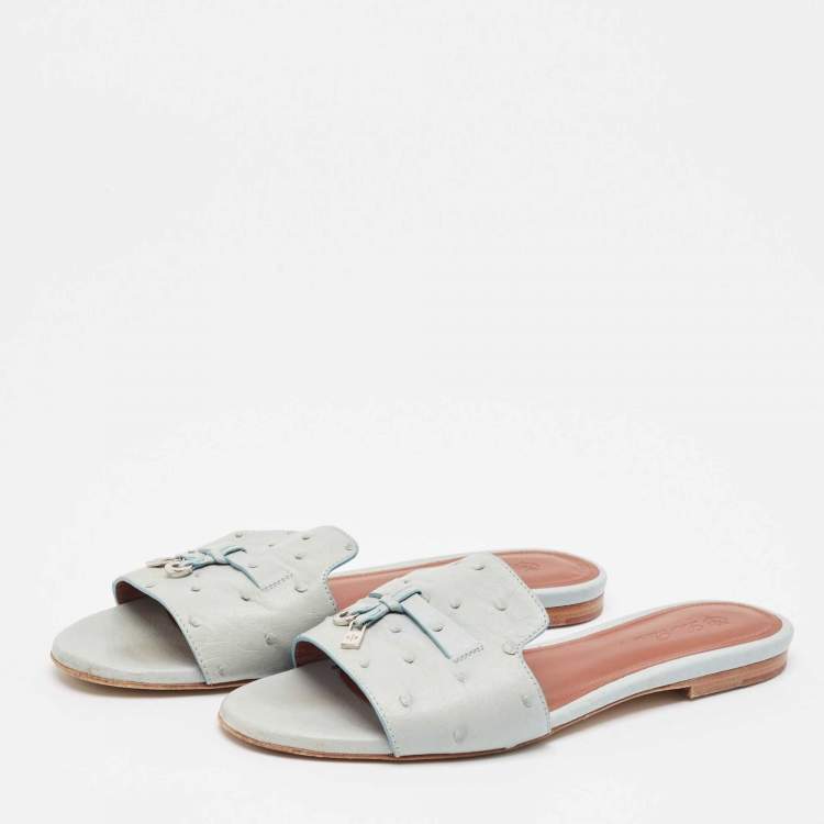 Pre Owned Loro Piana Grey Ostrich Leather Summer Charms Flat Sandals Size 38