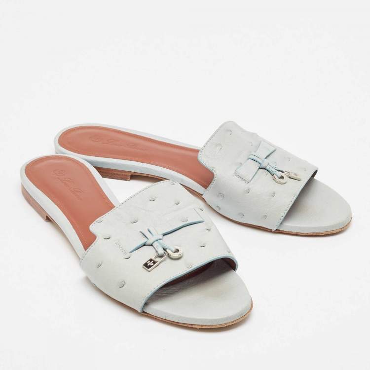 Pre Owned Loro Piana Grey Ostrich Leather Summer Charms Flat Sandals Size 38