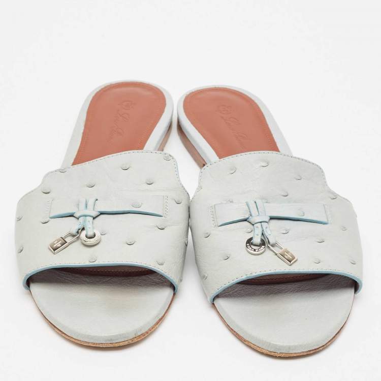 Pre Owned Loro Piana Grey Ostrich Leather Summer Charms Flat Sandals Size 38