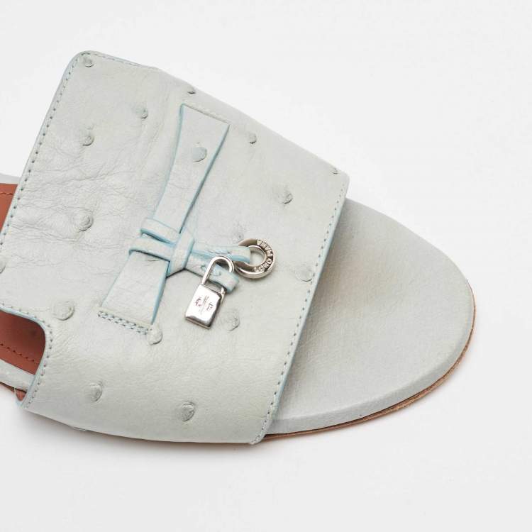 Pre Owned Loro Piana Grey Ostrich Leather Summer Charms Flat Sandals Size 38