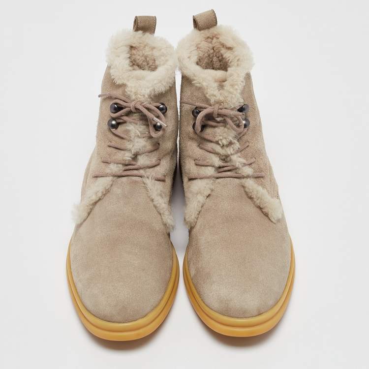 Pre Owned Loro Piana Grey Suede and Fur Open Walk Ankle Length Boots Size 37