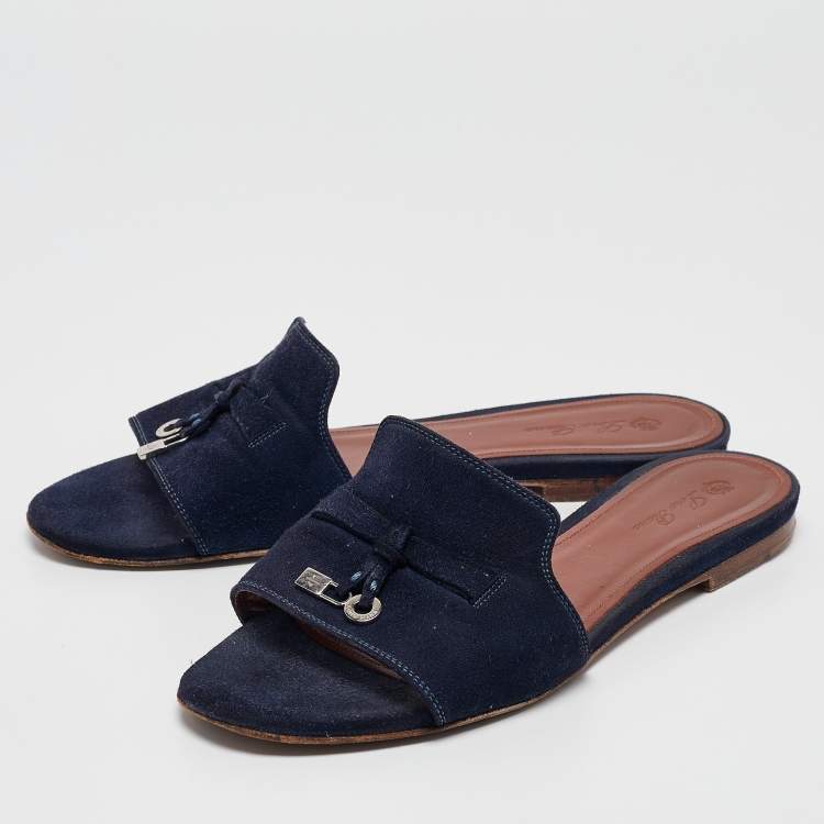 Pre Owned Loro Piana Blue Suede Summer Charms Flat Sandals Size 38