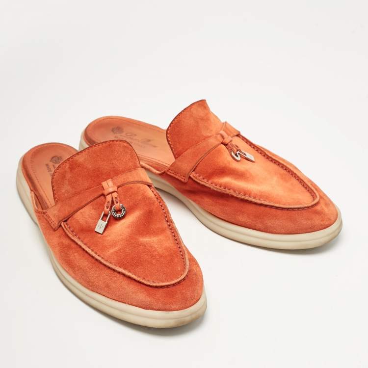 Pre Owned Loro Piana Orange Suede Babouche Charms Walk Mules Size 37.5