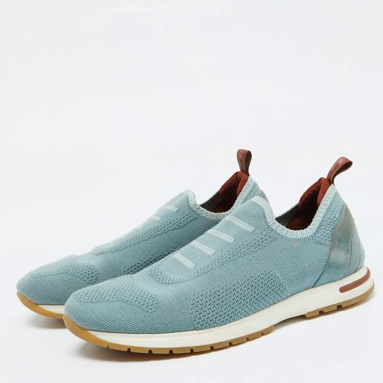 Pre Owned Loro Piana Light Blue Knit Fabric 360 LP Flexy Slip On Sneakers Size 39