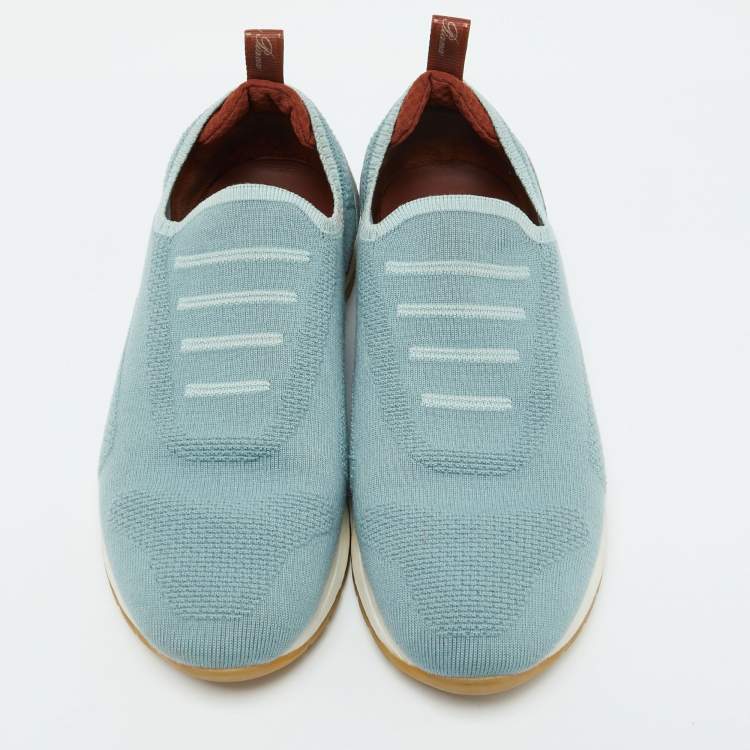 Pre Owned Loro Piana Light Blue Knit Fabric 360 LP Flexy Slip On Sneakers Size 39