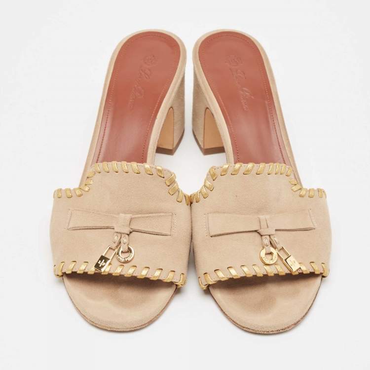 Pre Owned Loro Piana Beige Suede Summer Charms Slide Sandals Size 37