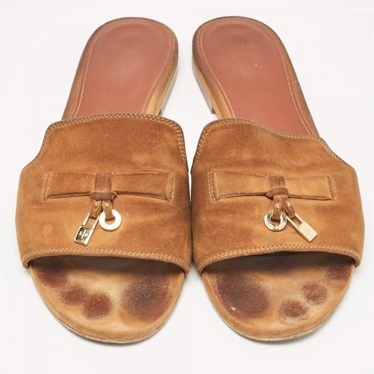 Pre Owned Loro Piana Brown Suede Summer Charms Walk Flat Slides Size 38