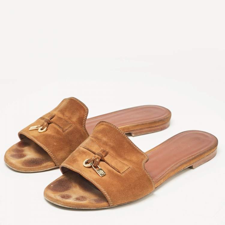Pre Owned Loro Piana Brown Suede Summer Charms Walk Flat Slides Size 38