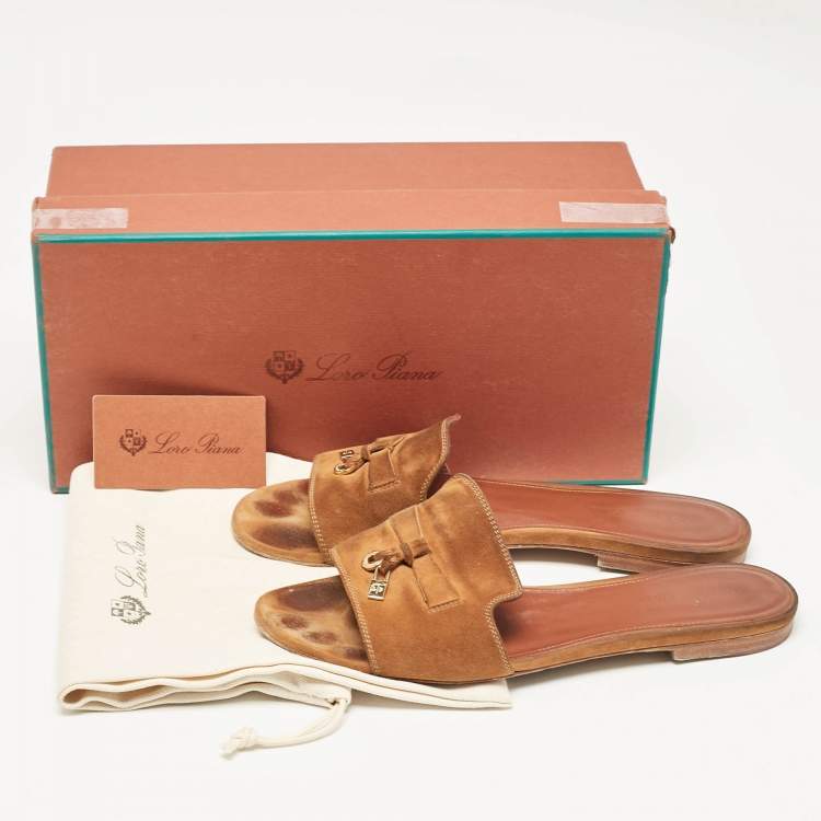 Pre Owned Loro Piana Brown Suede Summer Charms Walk Flat Slides Size 38