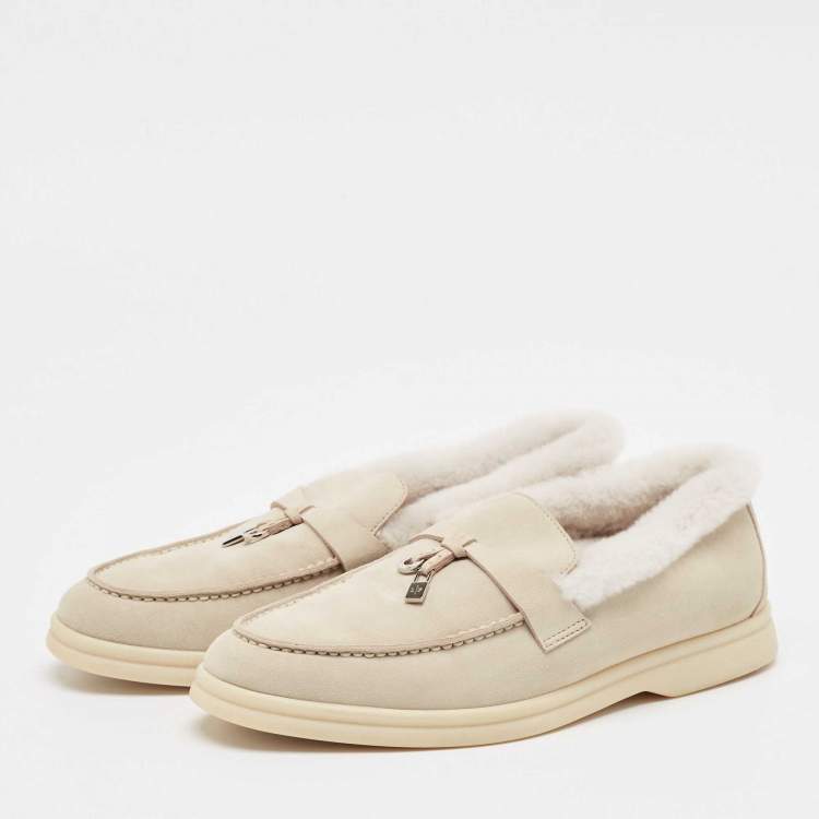 Pre Owned Loro Piana Grey Shearling Fur and Suede Summer Charms Walk Loafers Size 36