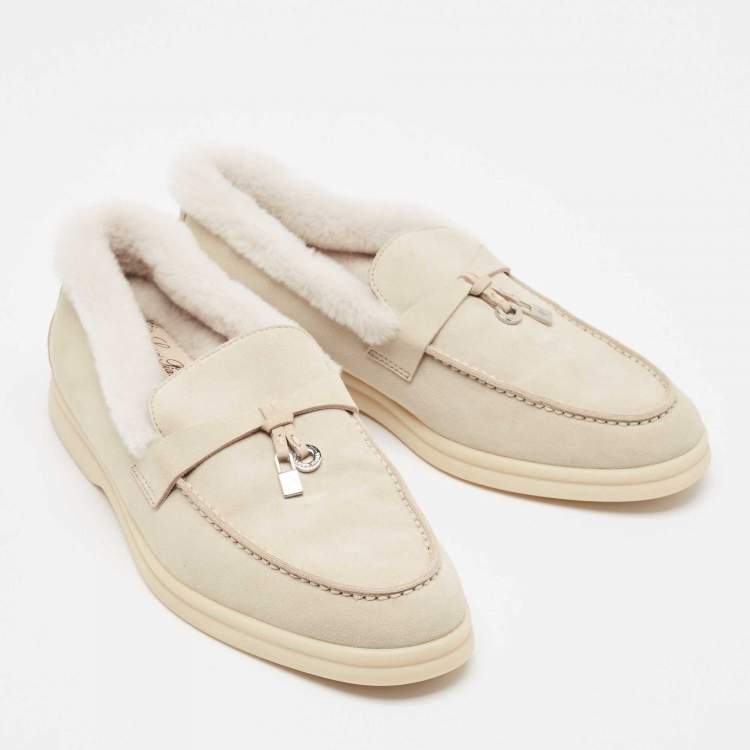 Pre Owned Loro Piana Grey Shearling Fur and Suede Summer Charms Walk Loafers Size 36