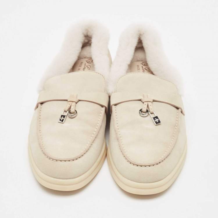 Pre Owned Loro Piana Grey Shearling Fur and Suede Summer Charms Walk Loafers Size 36