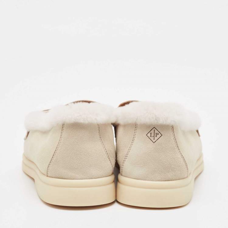 Pre Owned Loro Piana Grey Shearling Fur and Suede Summer Charms Walk Loafers Size 36