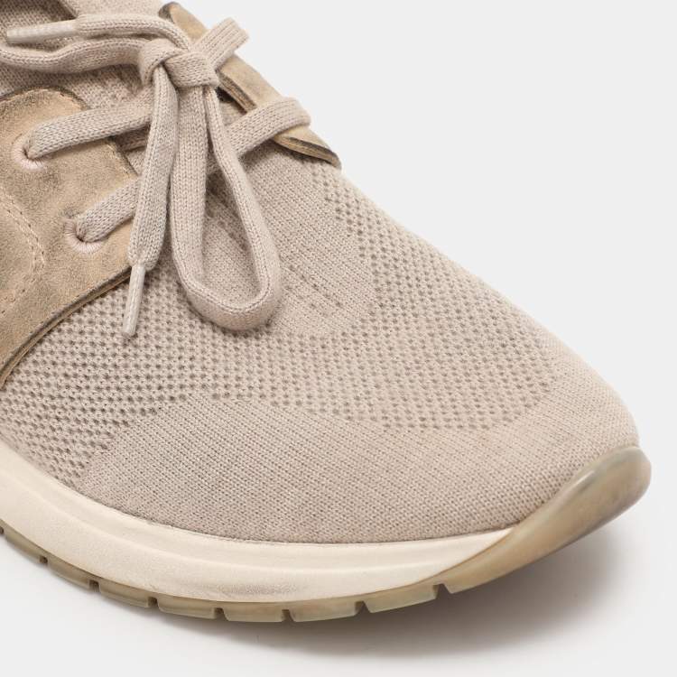 Pre Owned Loro Piana Beige Knit Fabric and Suede 360 LP Flexy Walk Low Top Sneakers Size 37