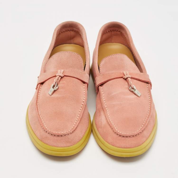 Pre Owned Loro Piana Pink Suede Summer Charms Walk Slip On Loafers Size 37