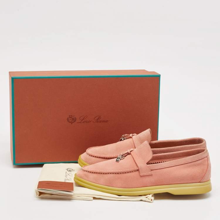 Pre Owned Loro Piana Pink Suede Summer Charms Walk Slip On Loafers Size 37