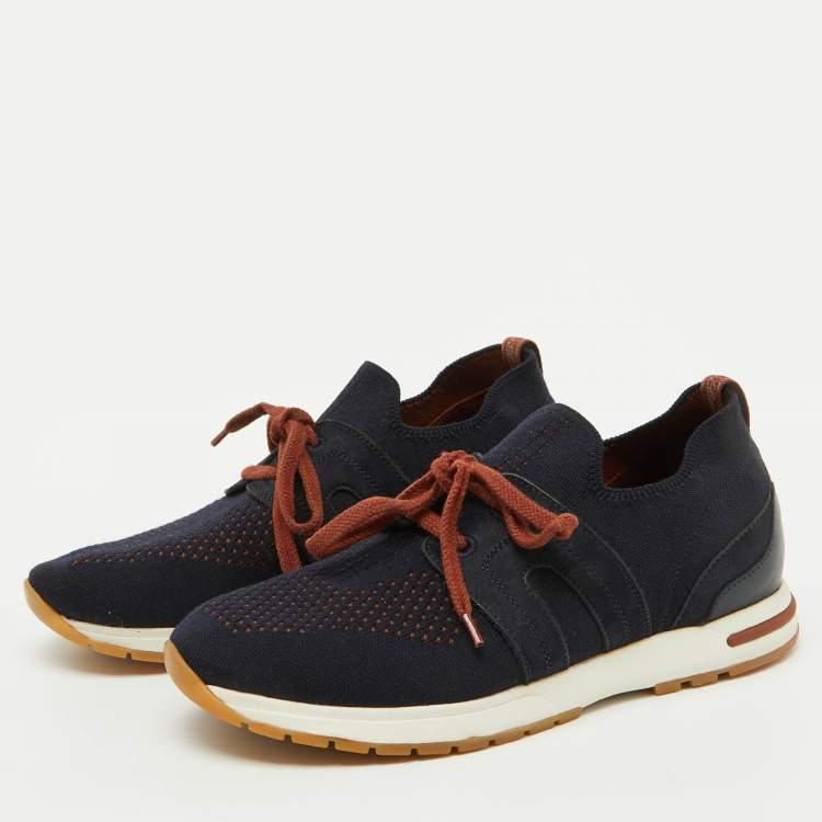 Pre Owned Loro Piana Navy Blue Knit Fabric 360 LP Flexy Walk Low Top Sneakers Size 36
