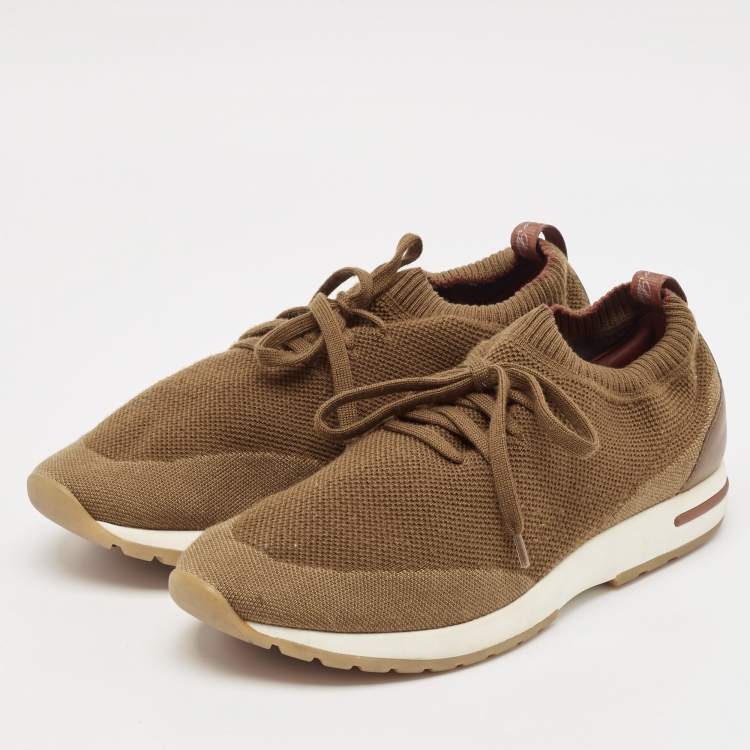 Pre Owned Loro Piana Olive Green Fabric and Leather 360 LP Flexy Walk Lace Up Sneakers Size 41