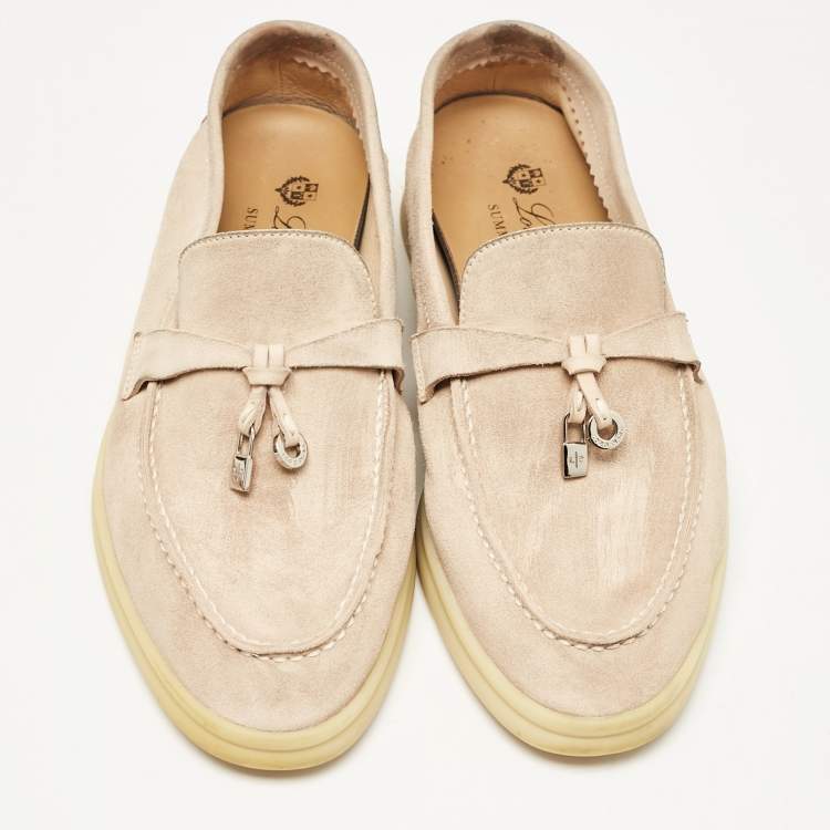 Pre Owned Loro Piana Beige Suede Summer Charms Walk Slip On Loafers Size 35.5