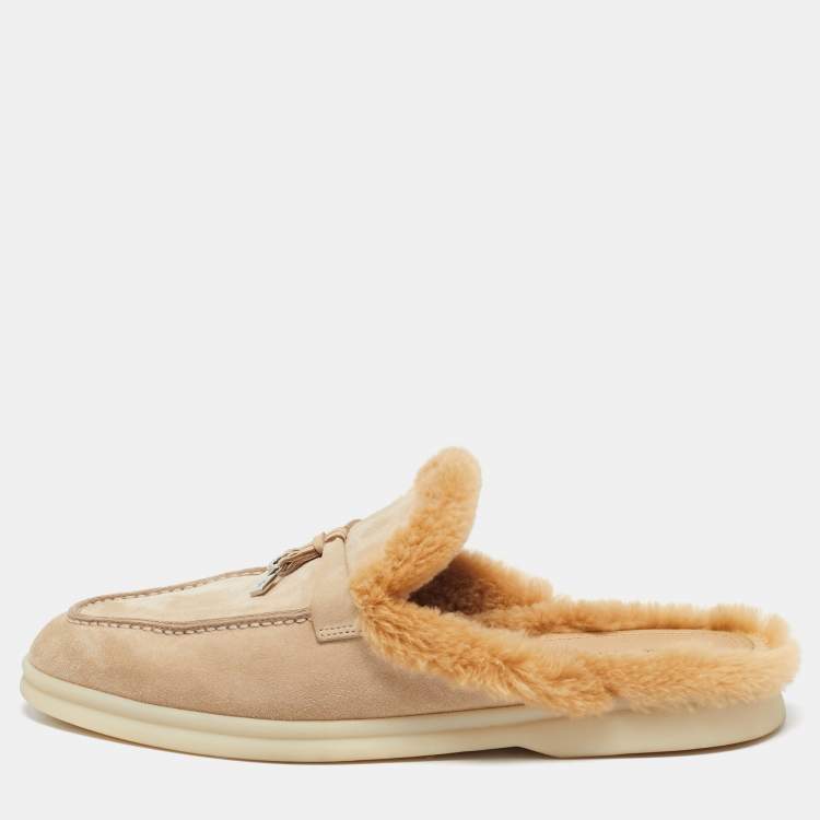 Pre Owned Loro Piana Beige Suede Fur Babouche Charms Walk Mules Size 38.5