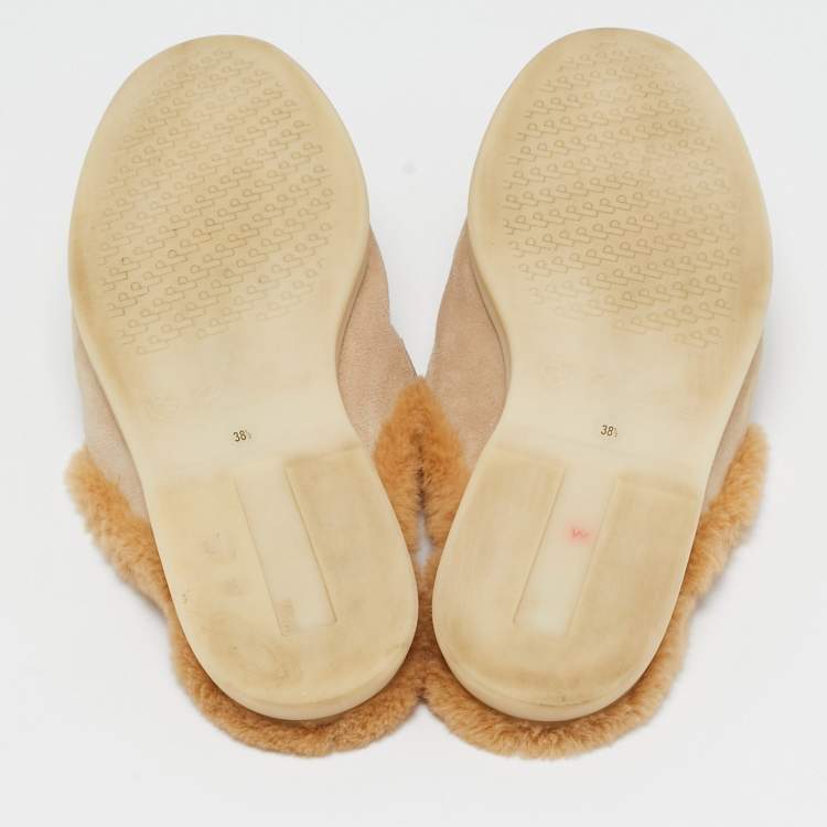 Pre Owned Loro Piana Beige Suede Fur Babouche Charms Walk Mules Size 38.5