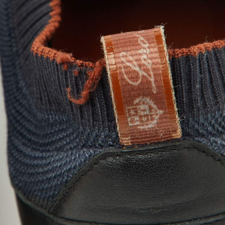 Pre Owned Loro Piana Navy Blue Knit Fabric 360 LP Flexy Walk Low Top Sneakers Size 45