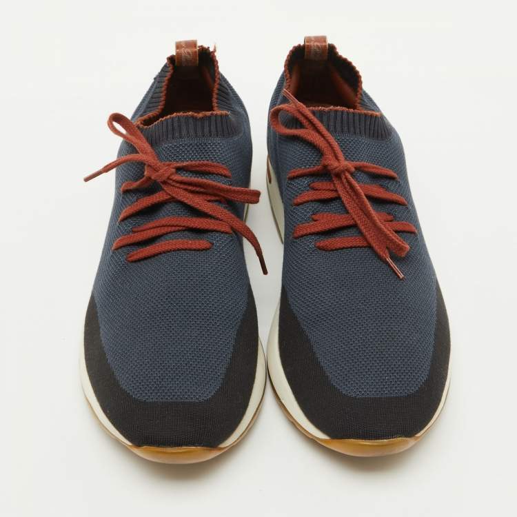 Pre Owned Loro Piana Navy Blue Knit Fabric 360 LP Flexy Walk Low Top Sneakers Size 45