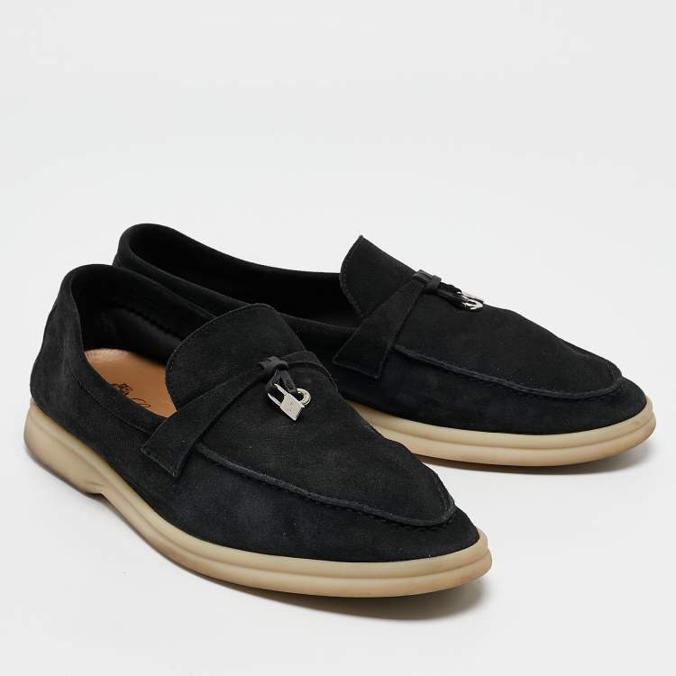 Pre Owned Loro Piana Black Suede Summer Walk Loafers Size 38.5