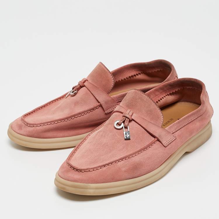 Pre Owned Loro Piana Pink Suede Summer Charms Walk Loafers Size 36.5