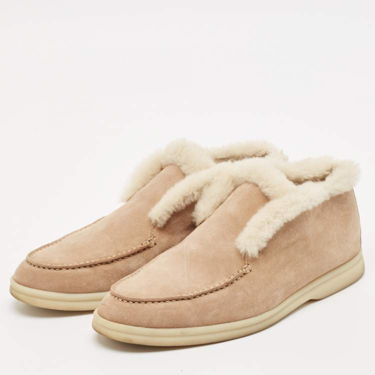 Pre Owned Loro Piana Beige Shearling and Suede Open Ankle Boots Size 37.5