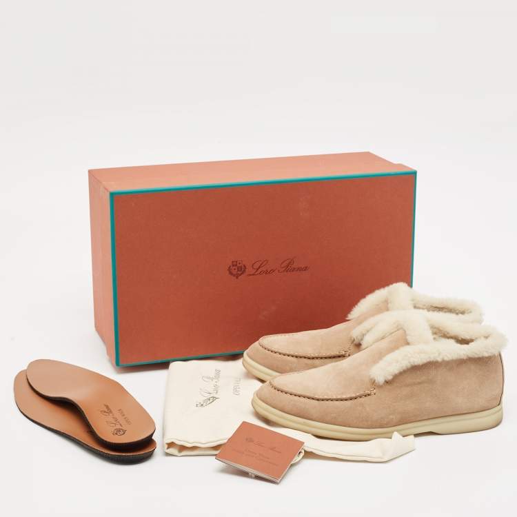 Pre Owned Loro Piana Beige Shearling and Suede Open Ankle Boots Size 37.5